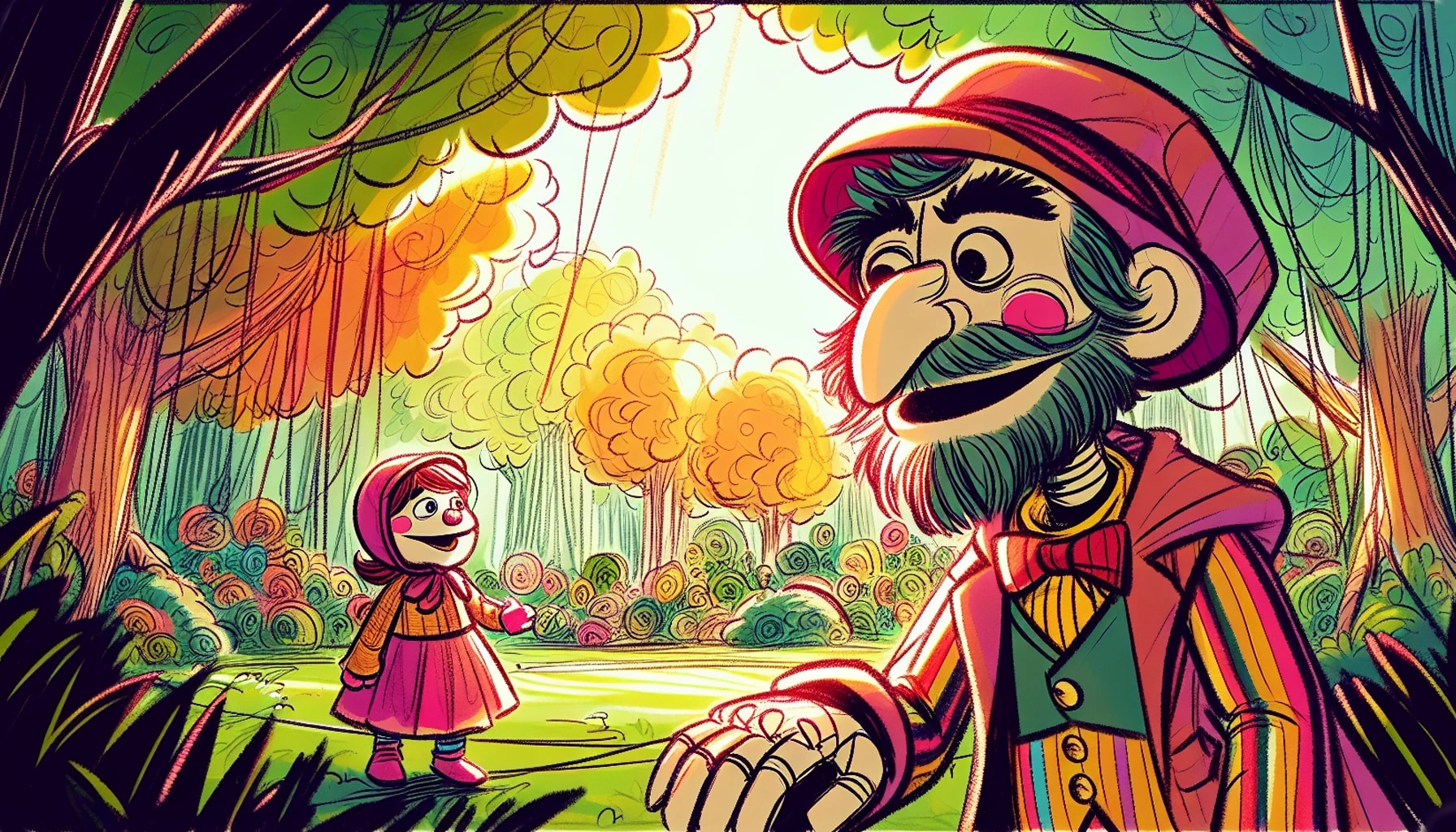 'Close-up of Puppet Pal looking thoughtful and then admitting the truth to Tiny Tina. As this happens, the colors in the park quickly return to their vibrant, cheerful state.'
