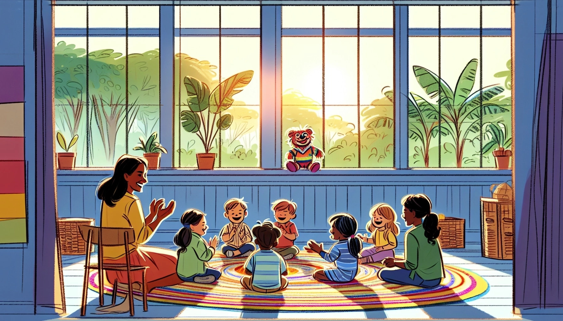 'Back in the playroom, the camera captures the children laughing and clapping, a medium shot showing their enthusiastic reaction. Ms. Mae stands nearby, smiling warmly at the group.'